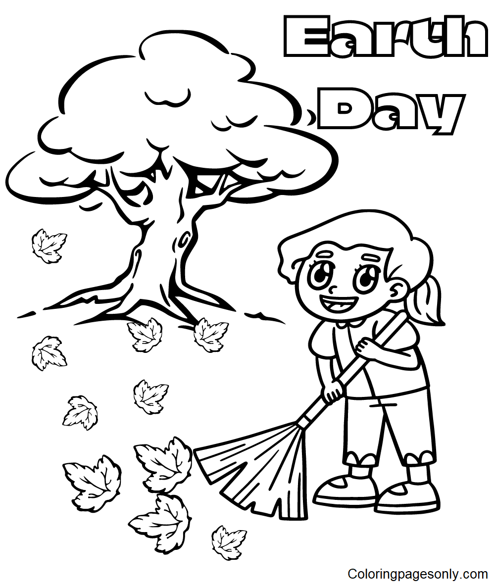 Earth Day Girl Sweeping Coloring Pages