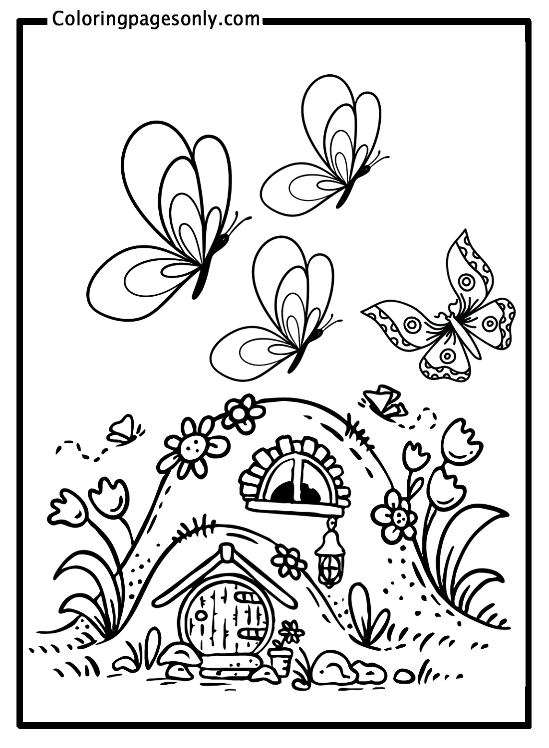 Fairy House with Butterflies Coloring Page