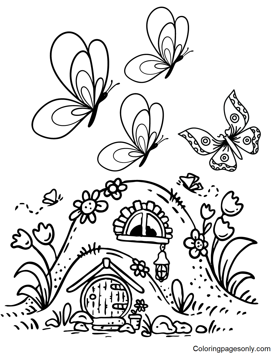 Fairy House with Butterflies Coloring Pages