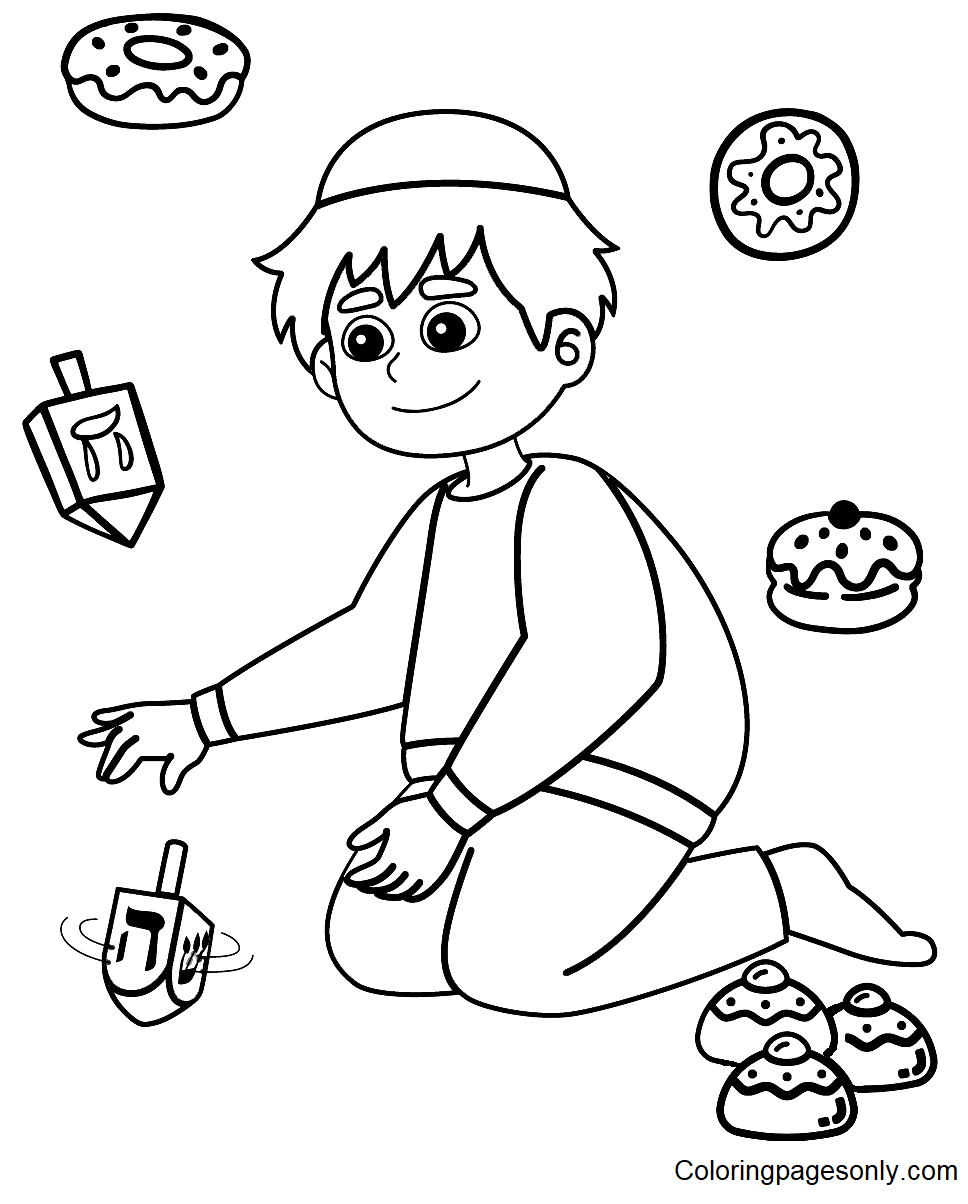 Hanukkah Boy Playing Dreidel Coloring Pages