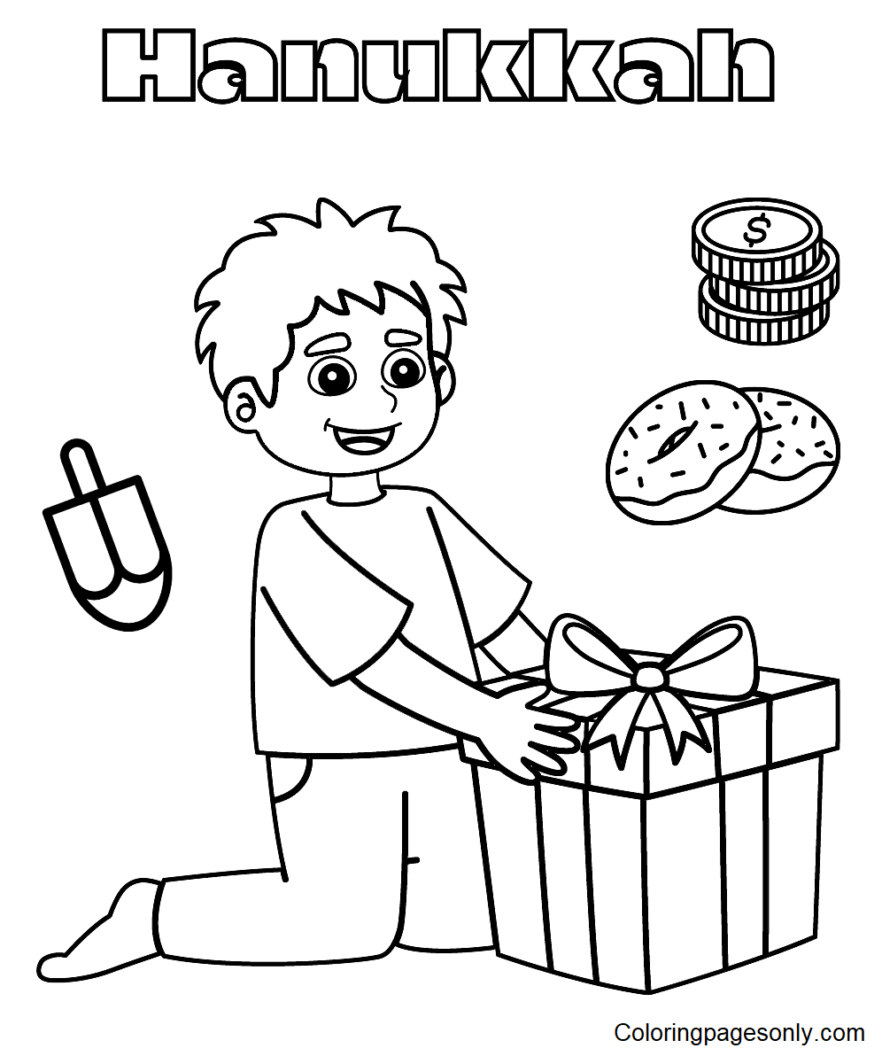 Hanukkah Boy with Gift Coloring Pages