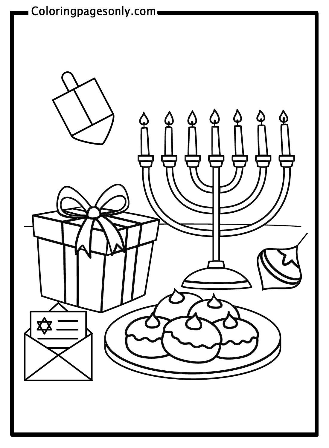 Hanukkah Sufganiyah Gift Menorah Coloring Pages
