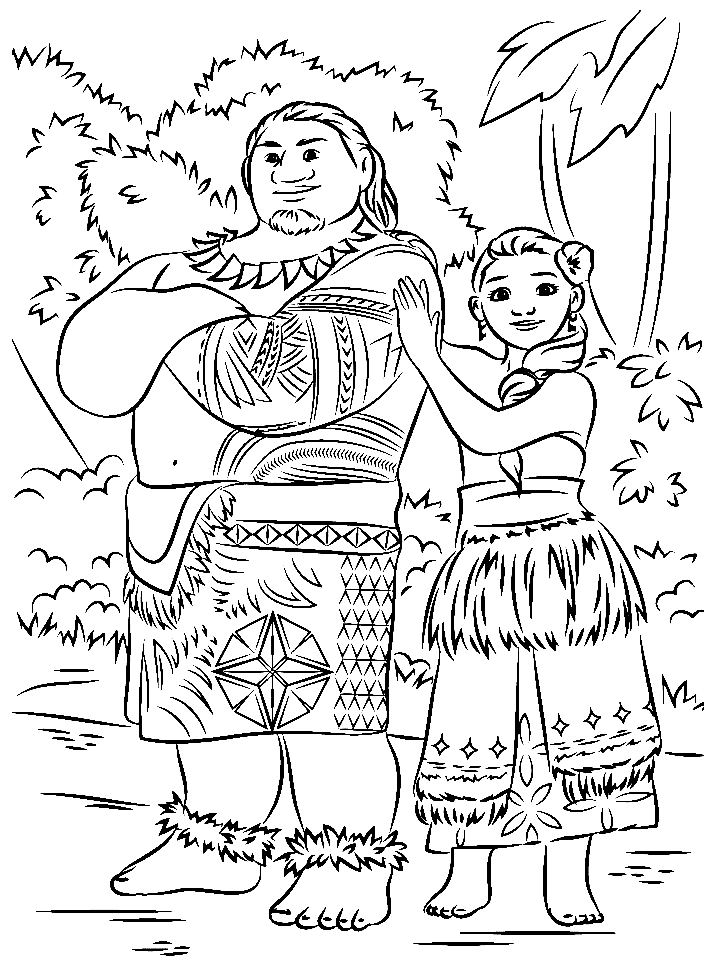Maui And Moana In Forest Coloring Pages