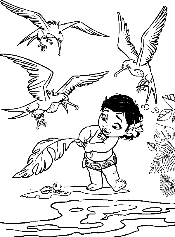 Moana bebé juega con pájaros de Moana
