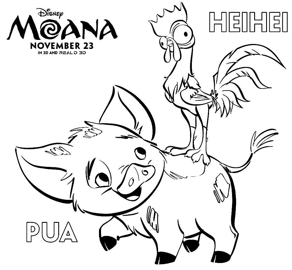 Moana Pua Pig and Heihei Coloring Pages