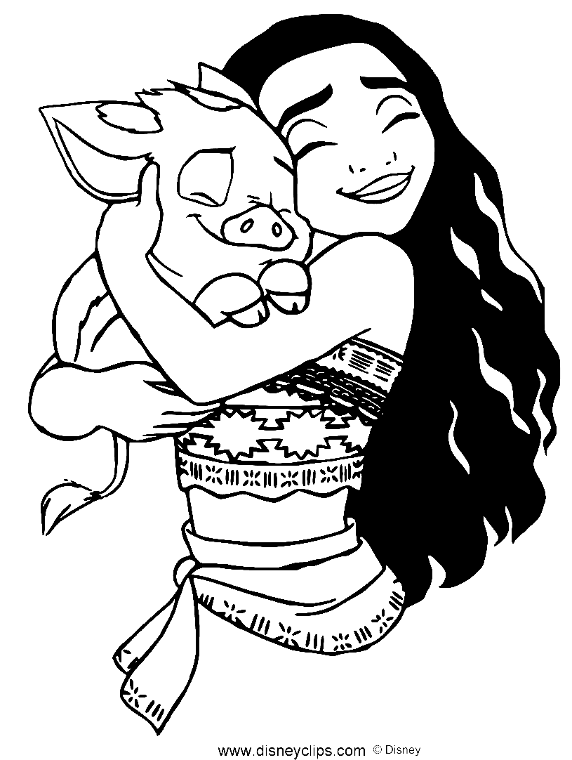 Moana hugging Pua Coloring Pages