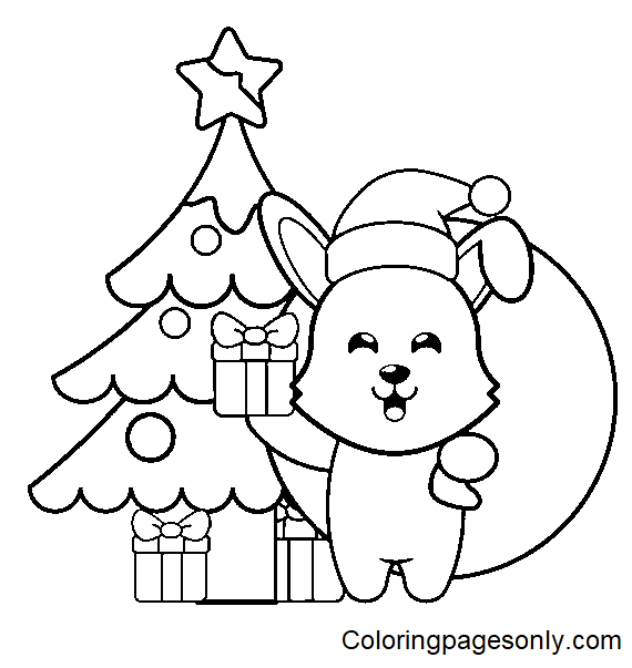 圣诞老人兔子与圣诞树 Coloring Page
