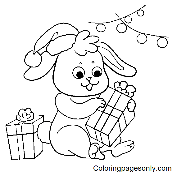 Santa Bunny with Gift Christmas Coloring Page