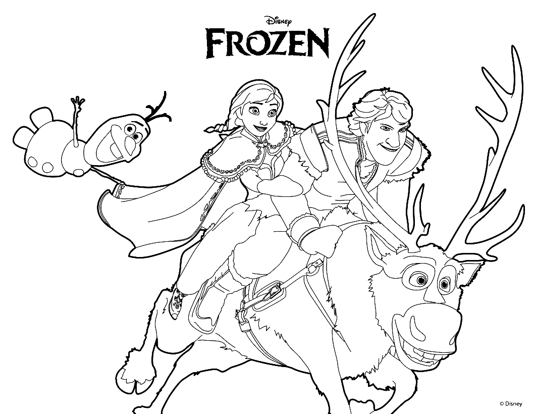 Pagina da colorare di Aana, Olaf, Kristoff e sette