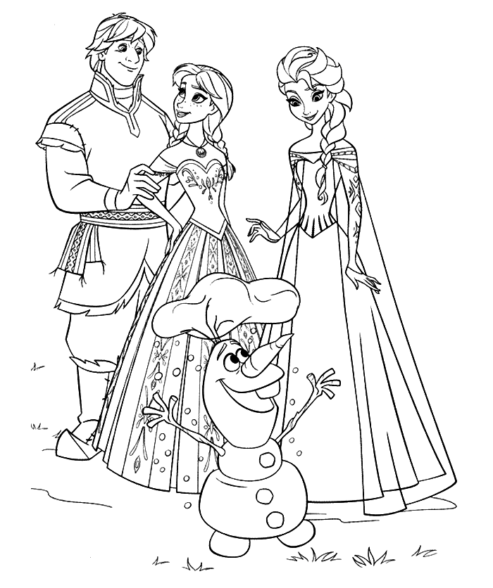 Anna, Kristoff, Elsa and Olaf happy Coloring Page