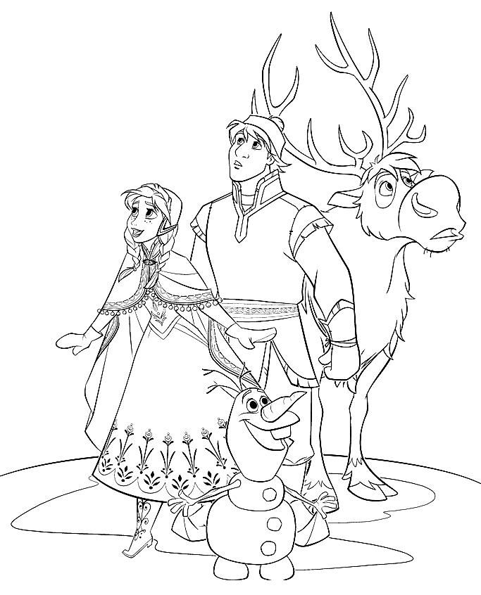 Anna, Kristoff, Sven and Olaf Coloring Pages