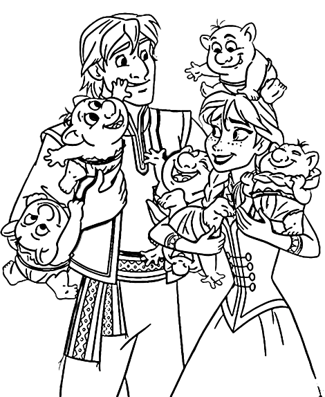 Anna with Kristoff and little Trolls Coloring Page