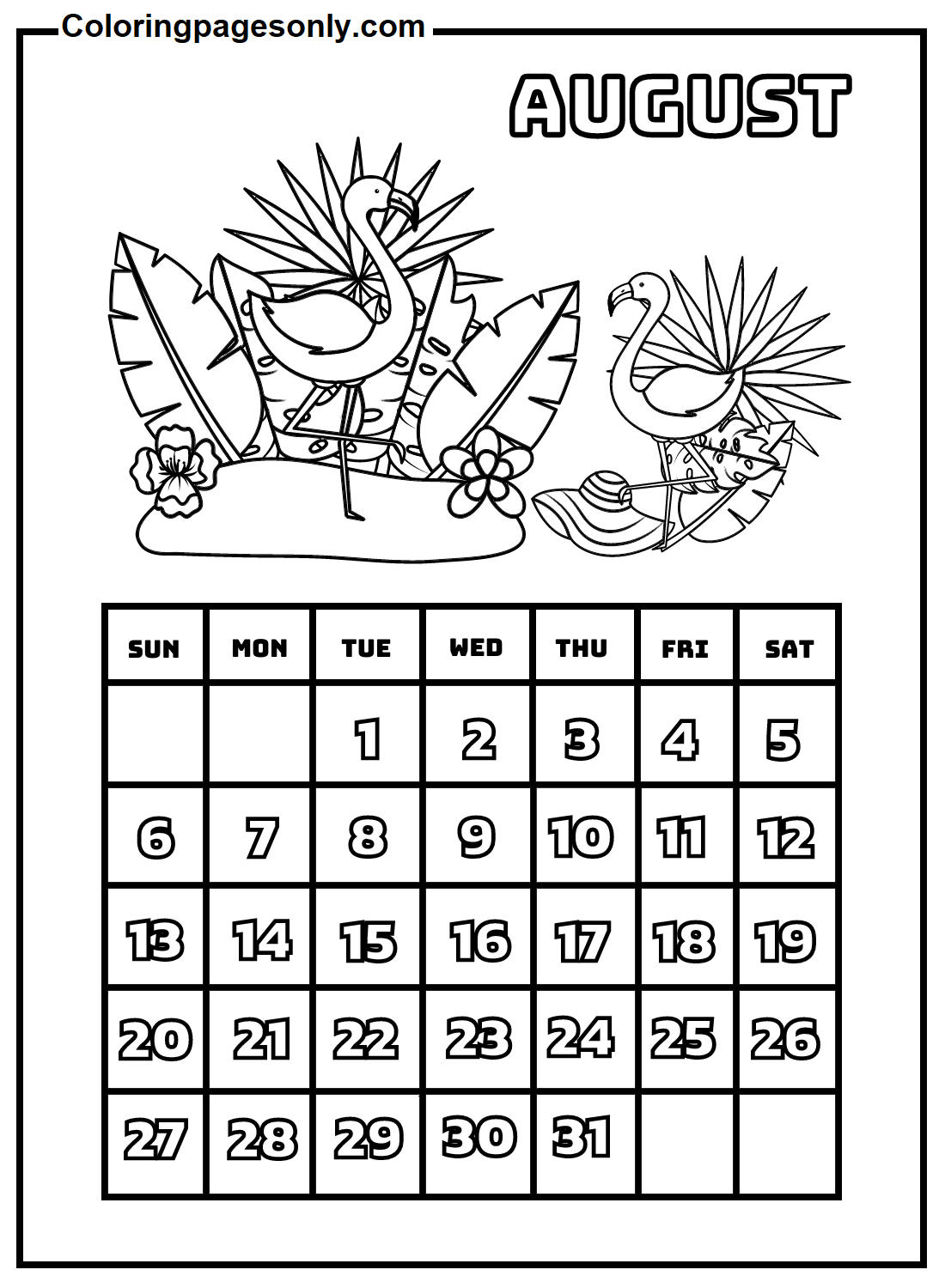 August 2023 Calendar Coloring Pages