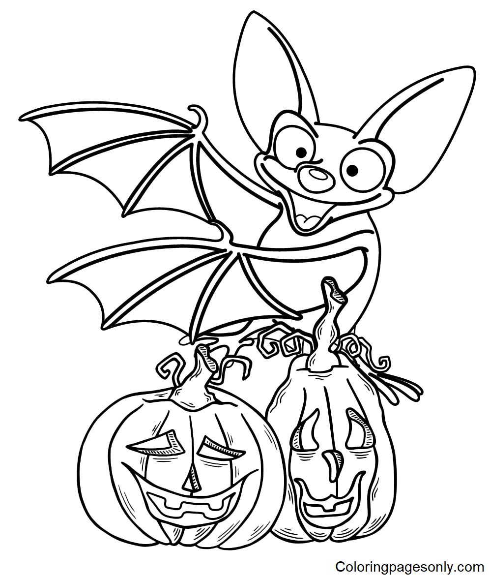 Bat with Pumpkin Coloring Page