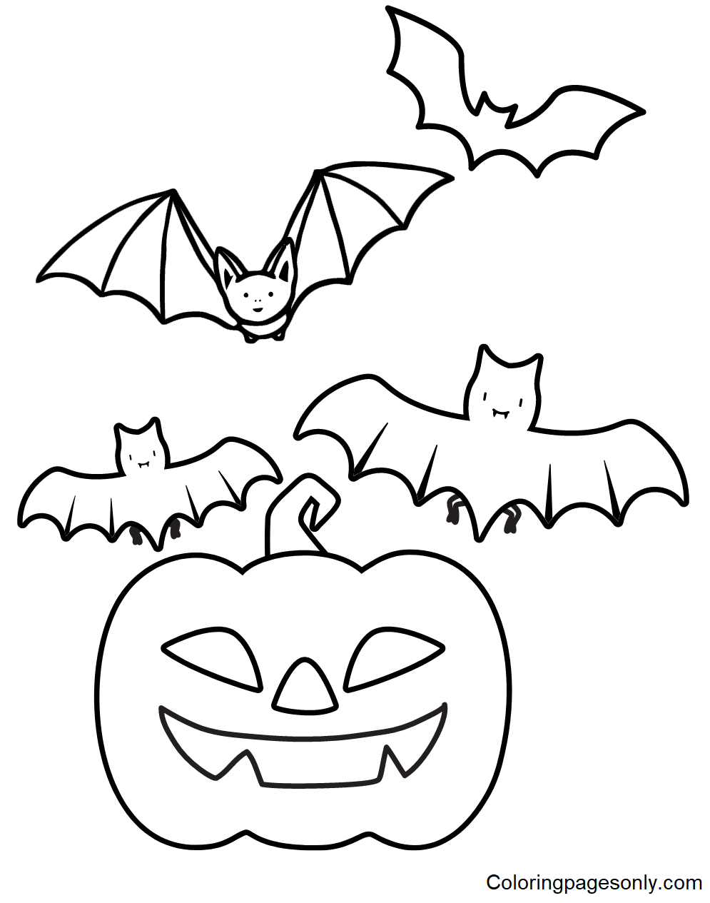 Creepy Pumpkin and Bat Coloring Pages