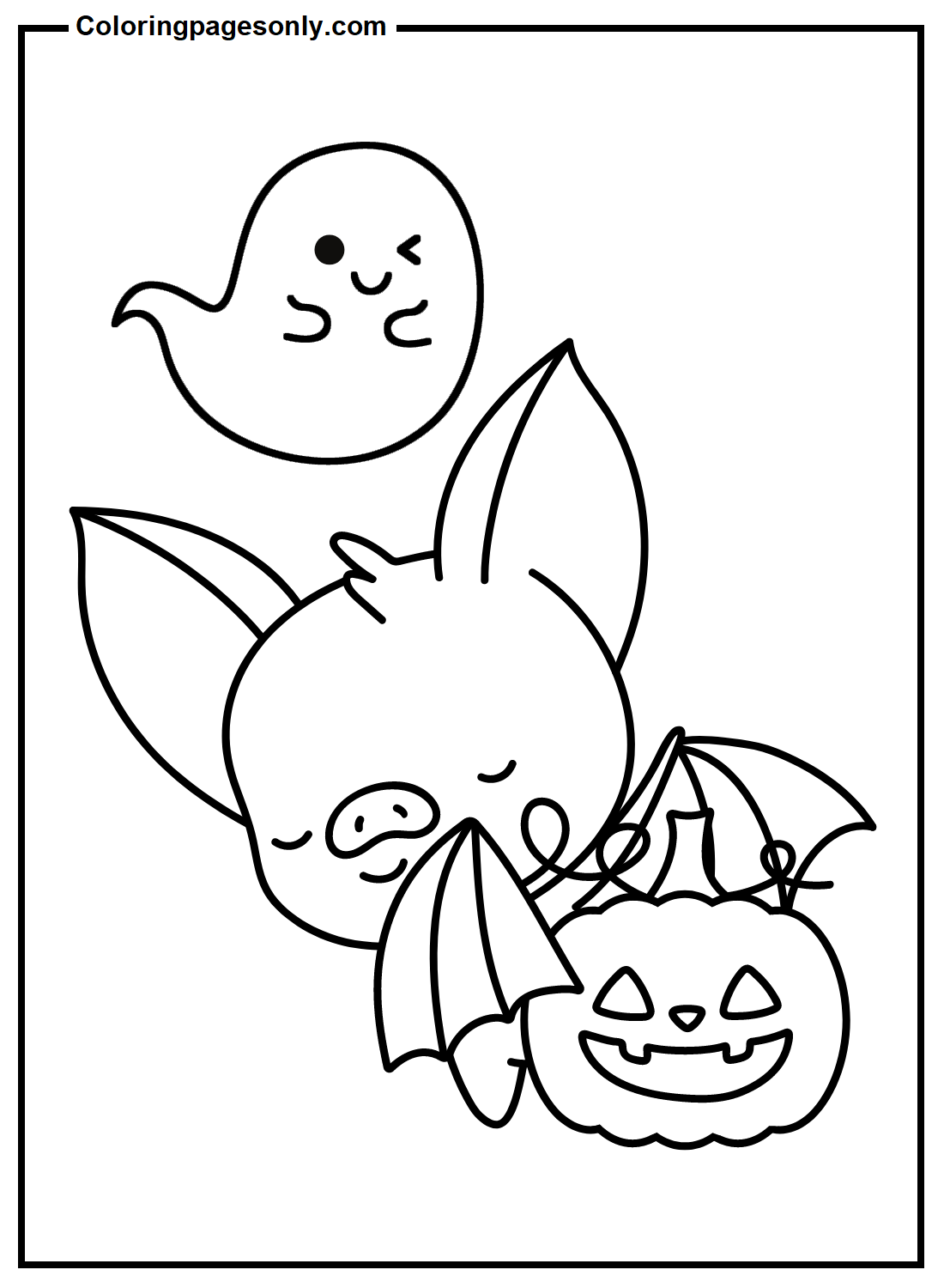 Cute Bat, Ghost, and Pumpkin Coloring Page