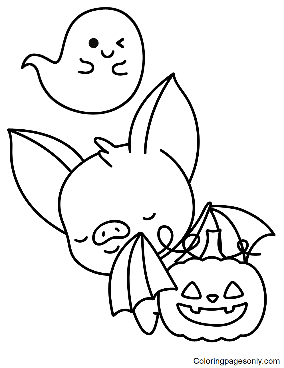 Cute Bat, Ghost, and Pumpkin Coloring Page