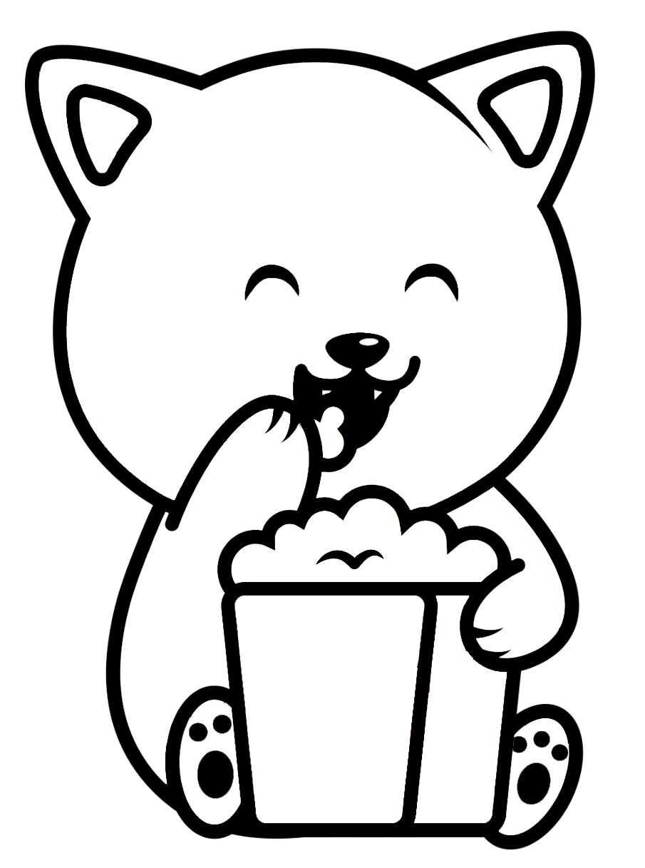 Cute Cat Eat Popcorn Coloring Page