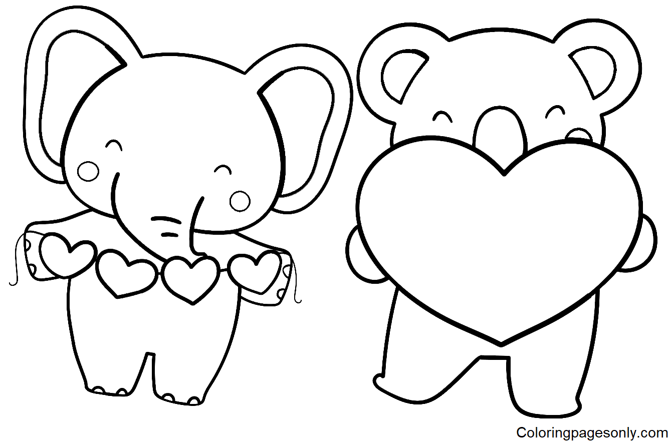 Elephant and Koala Valentine Sticker Coloring Pages