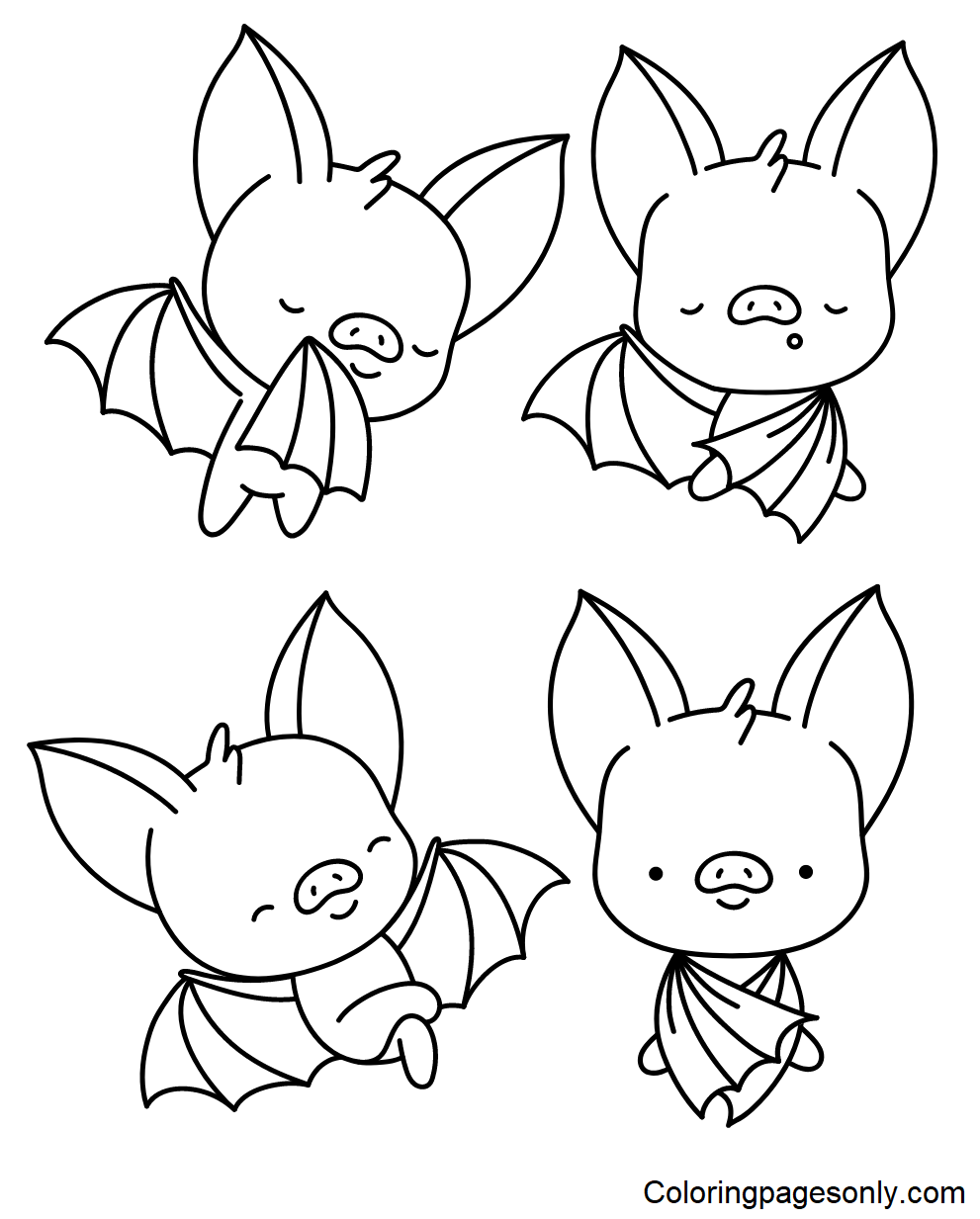 Four Bats for Kids Coloring Page
