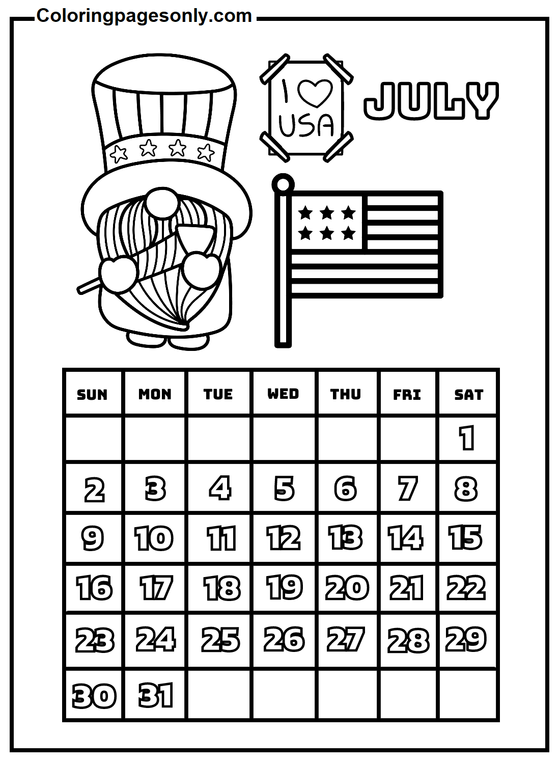 July 2023 Calendar Coloring Pages