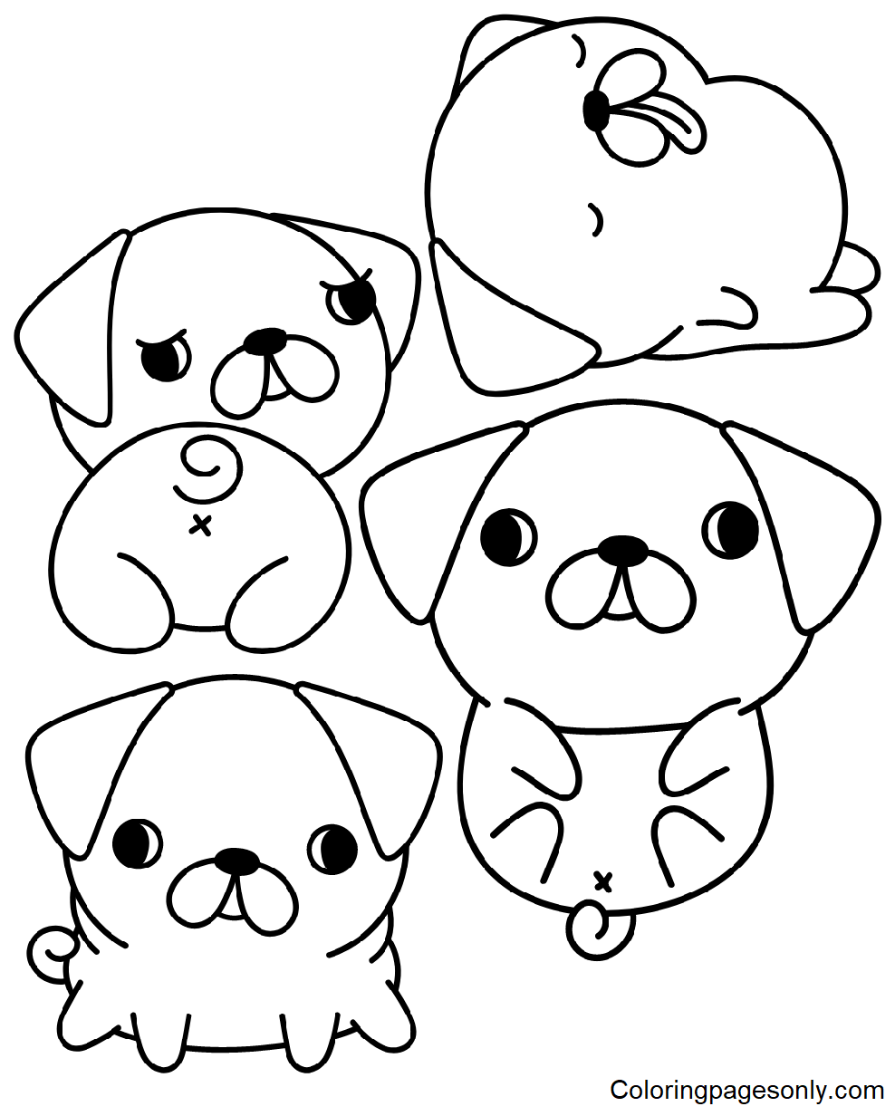 Kawaii Pug Sticker Coloring Pages