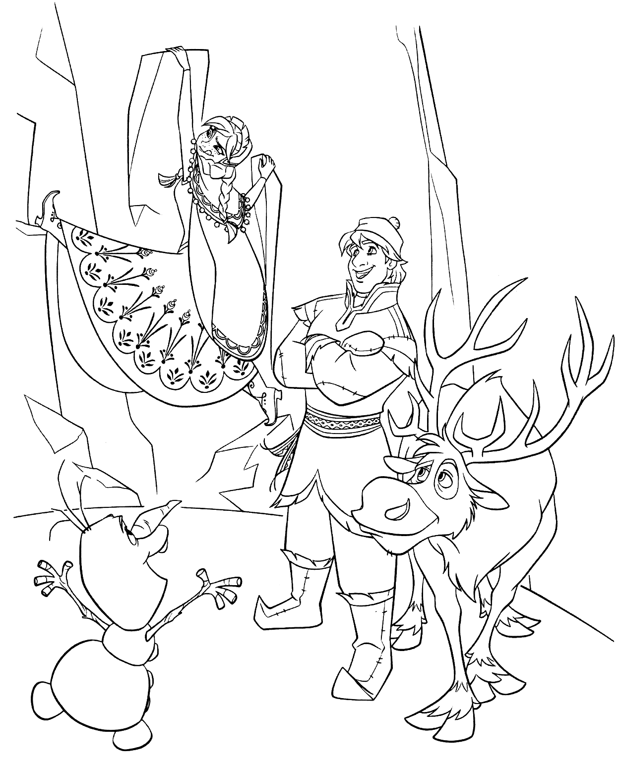 Kristoff, Anna, Sven and Olaf Coloring Pages
