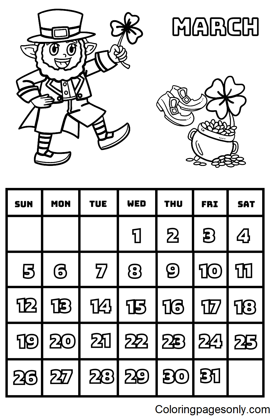 Pagina da colorare del calendario di marzo 2023