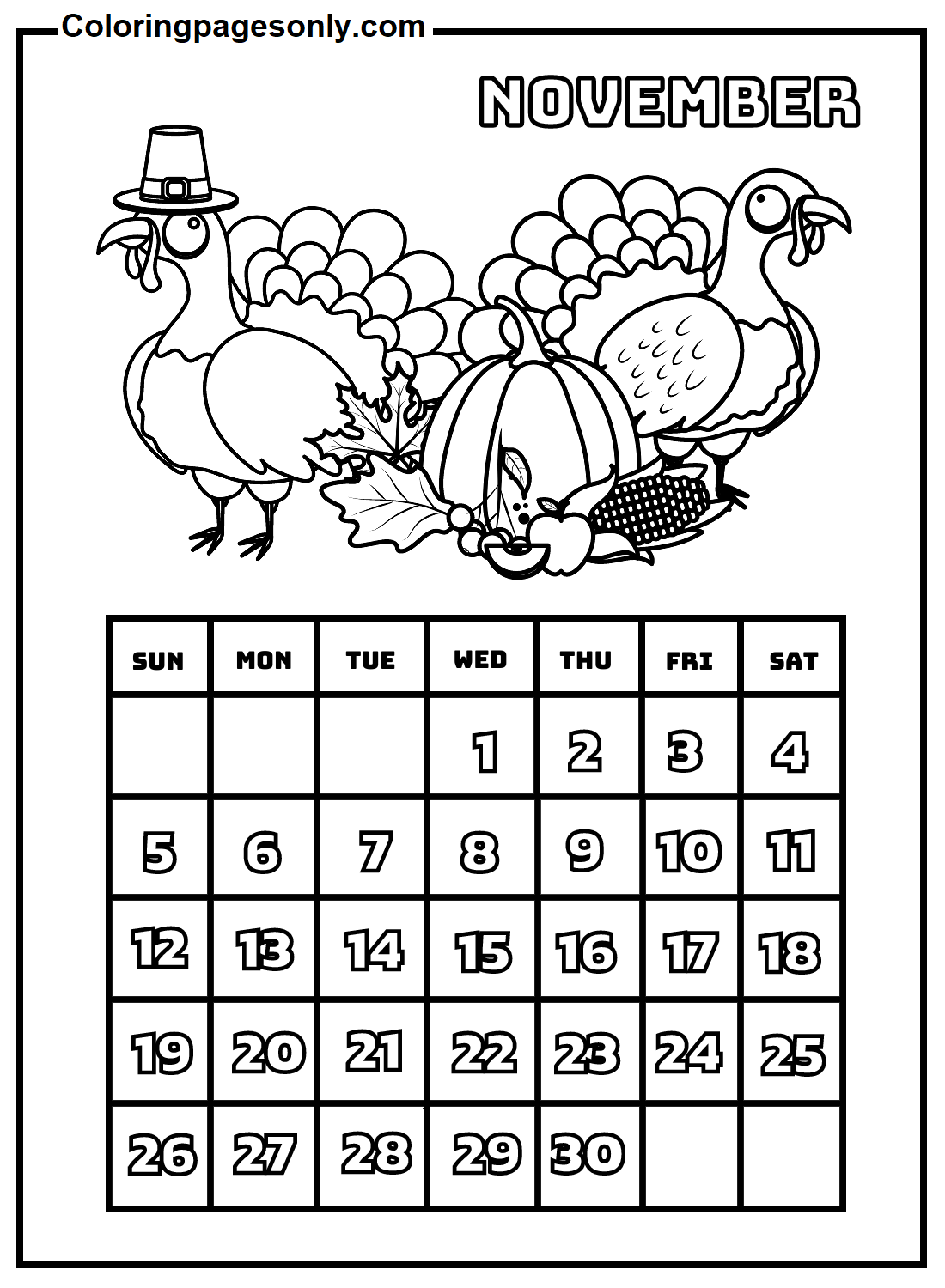 November 2023 Calendar Coloring Pages
