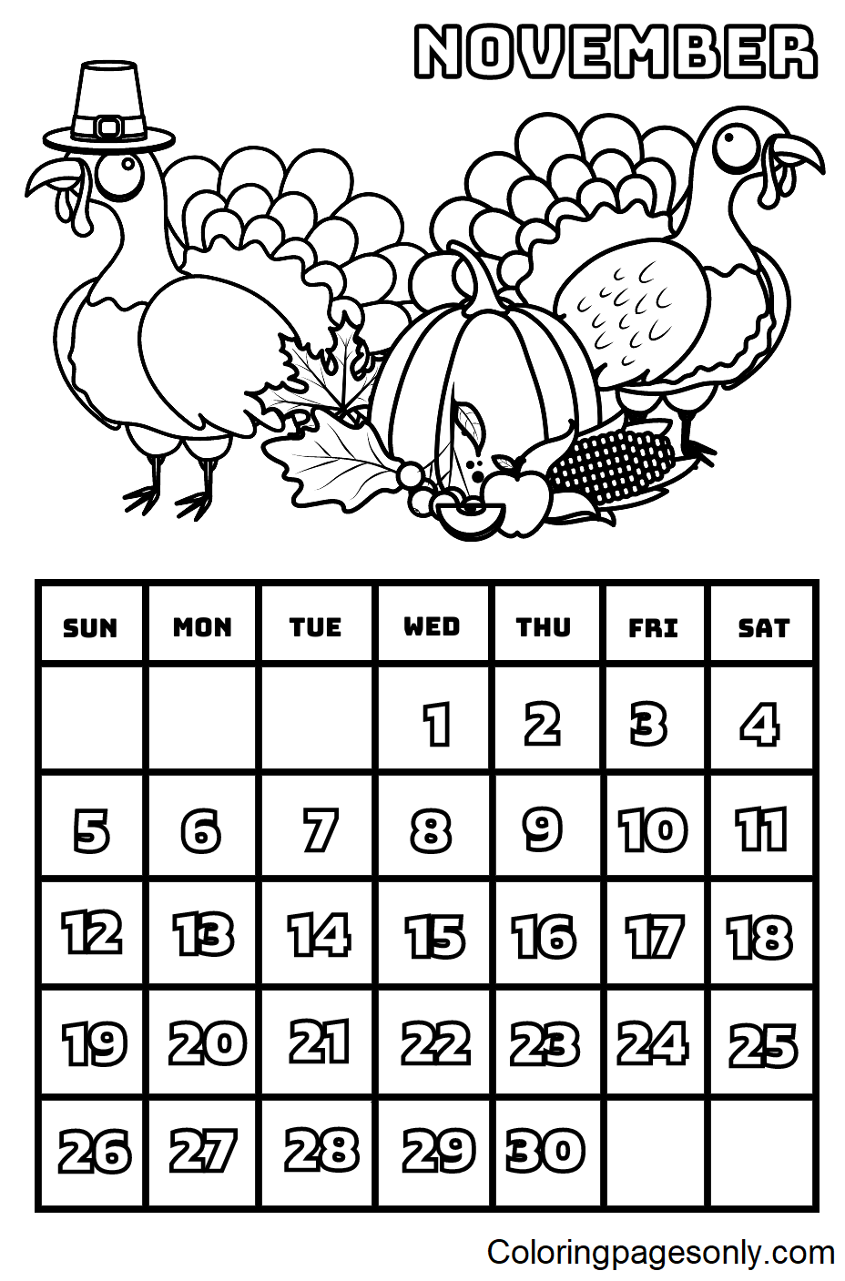 November 2023 calendar Coloring Pages