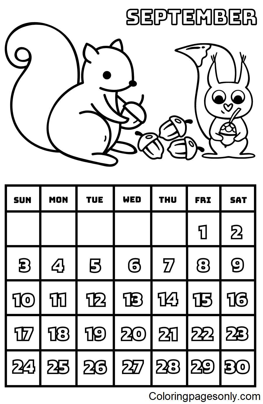 September 2023 Calendar Coloring Pages