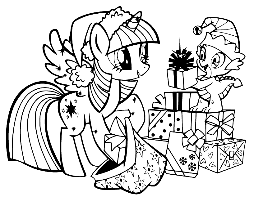 Pagina da colorare di Twilight Sparkle con Spike e regali di Natale