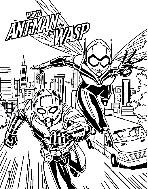 Ant-man runs and the Wasp flies fast in Ant-man and the Wasp movie Coloring Page