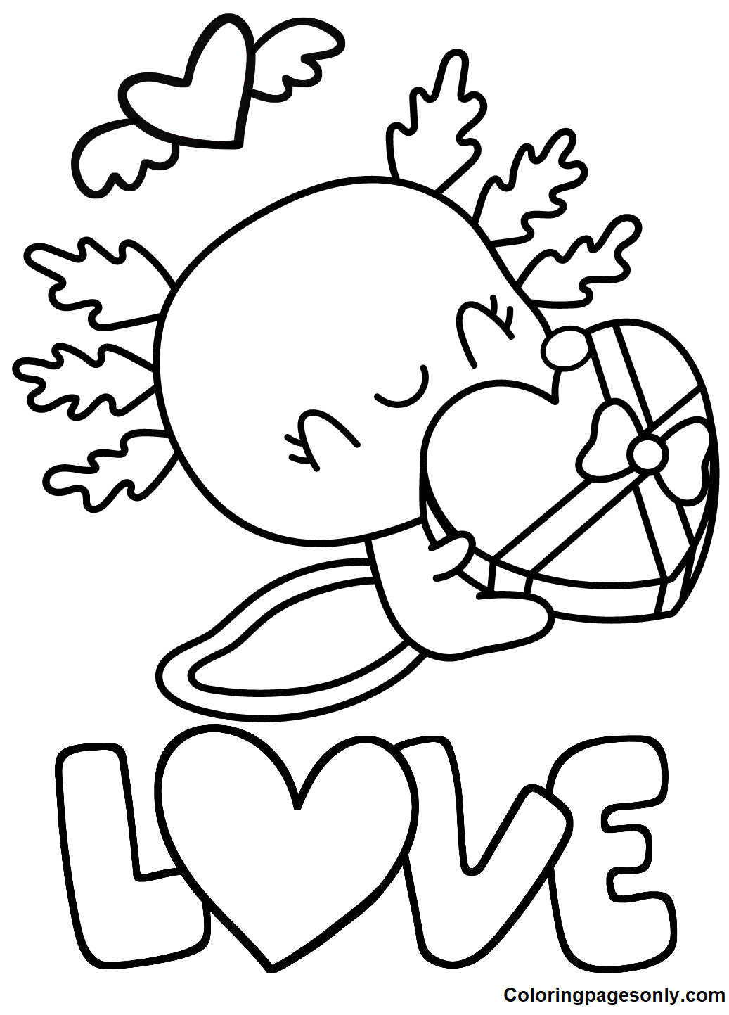 Axolotl with Chocolate Heart Coloring Pages