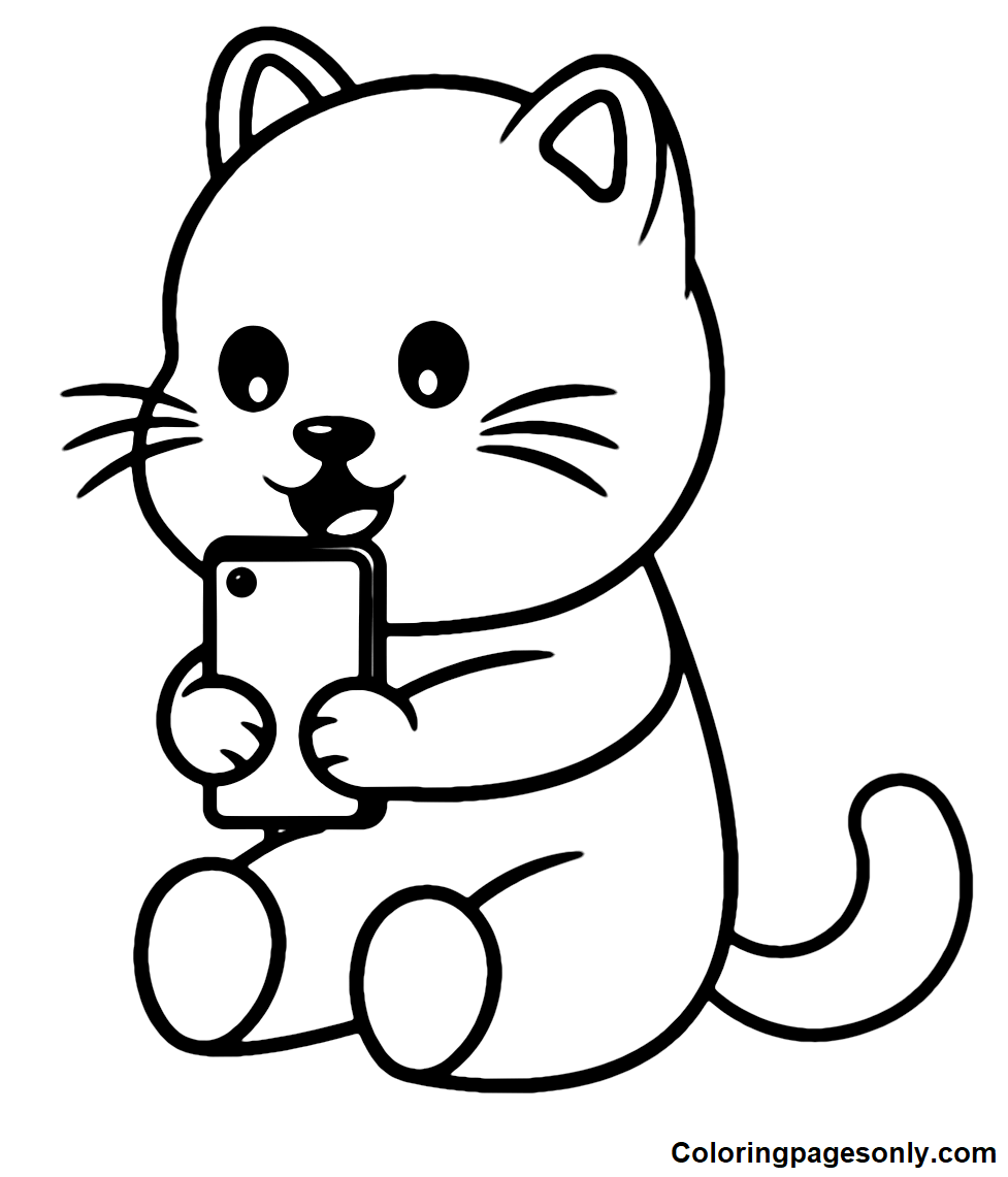 Cute Cat Selfie Coloring Page