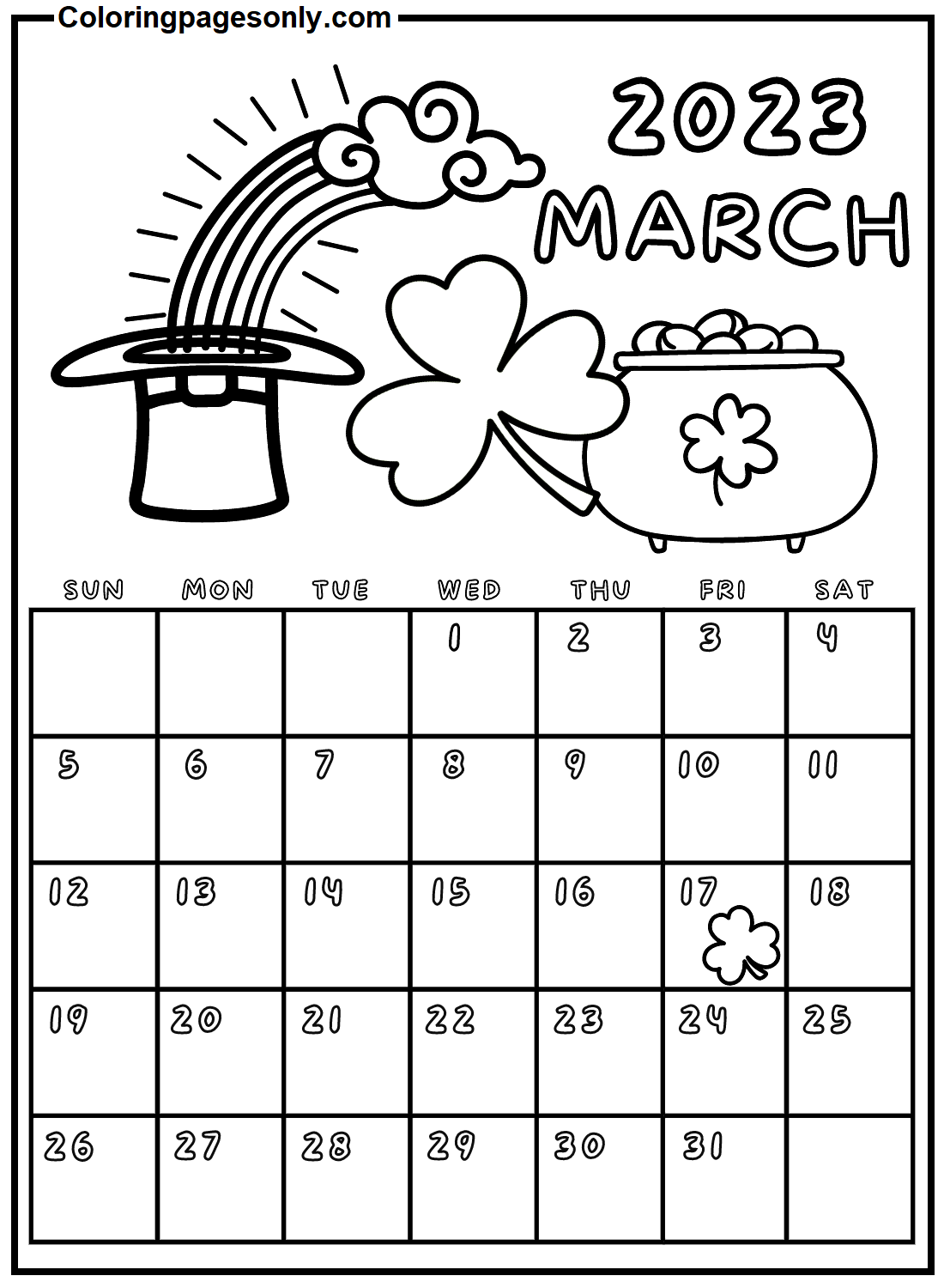 Free March 2023 Calendar Coloring Page