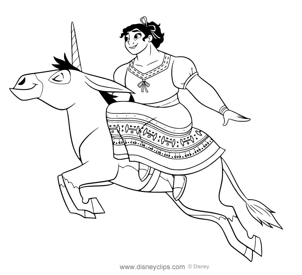 Luisa riding a unicorn Coloring Pages