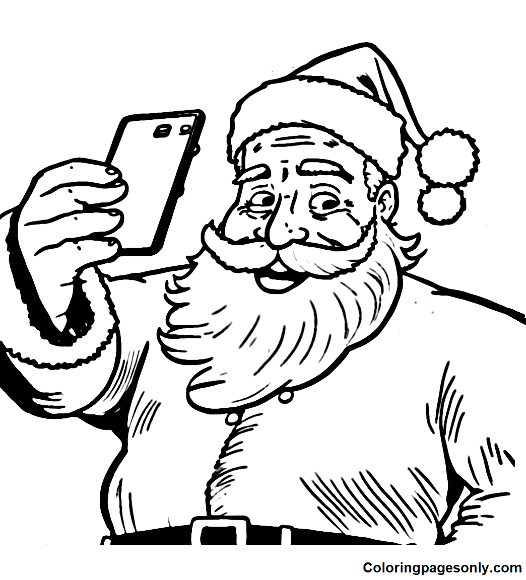 Desenho de Papai Noel tirando selfie para colorir