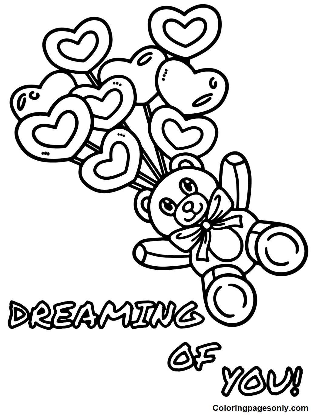 Teddy Bear with Heart Balloons Coloring Page