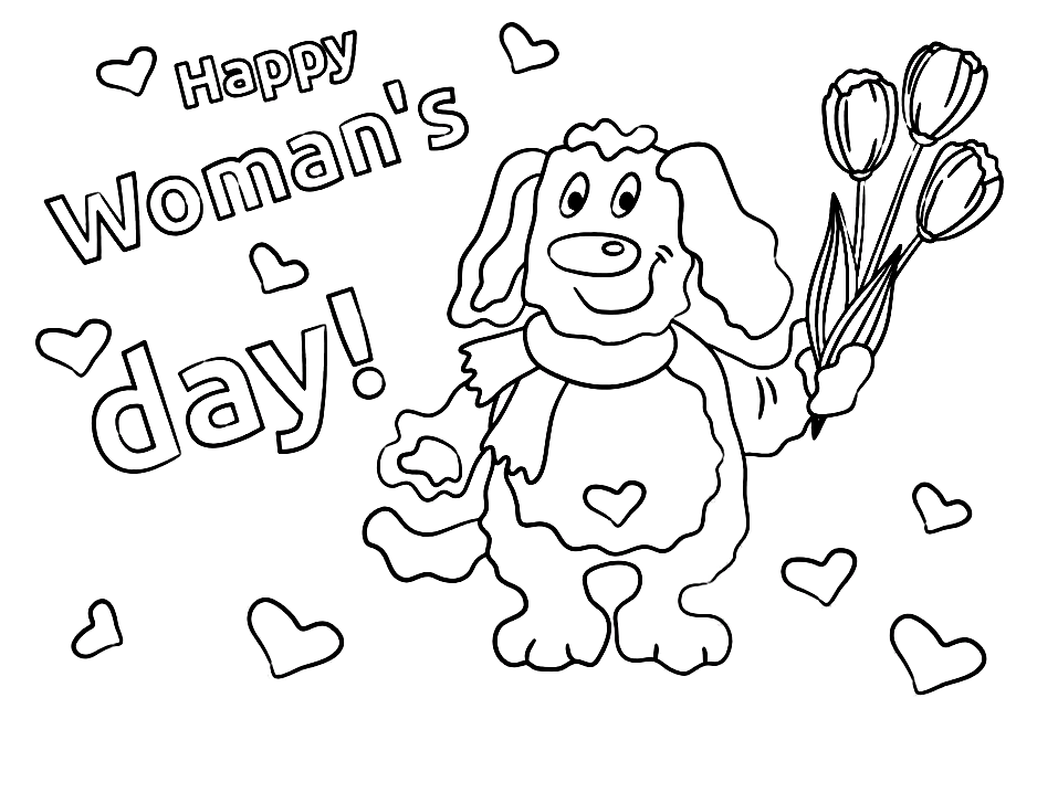 The dog with Tulips for Happy Womans Day Coloring Pages