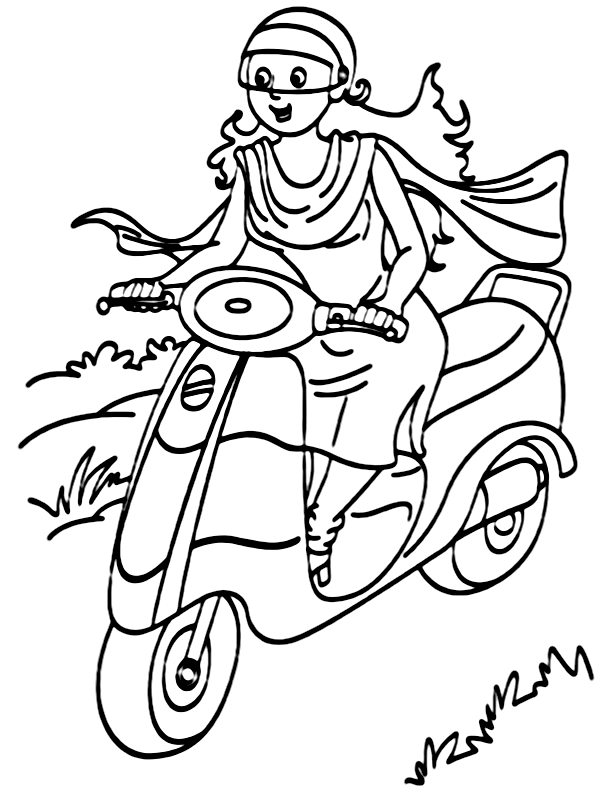 Desenho de Senhora vintage andando de moto para colorir