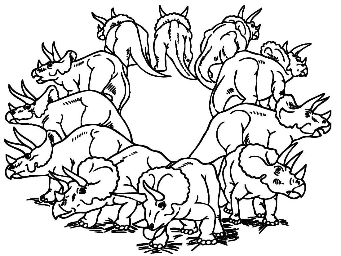 Triceratops Herd Dinosaurs Coloring Page