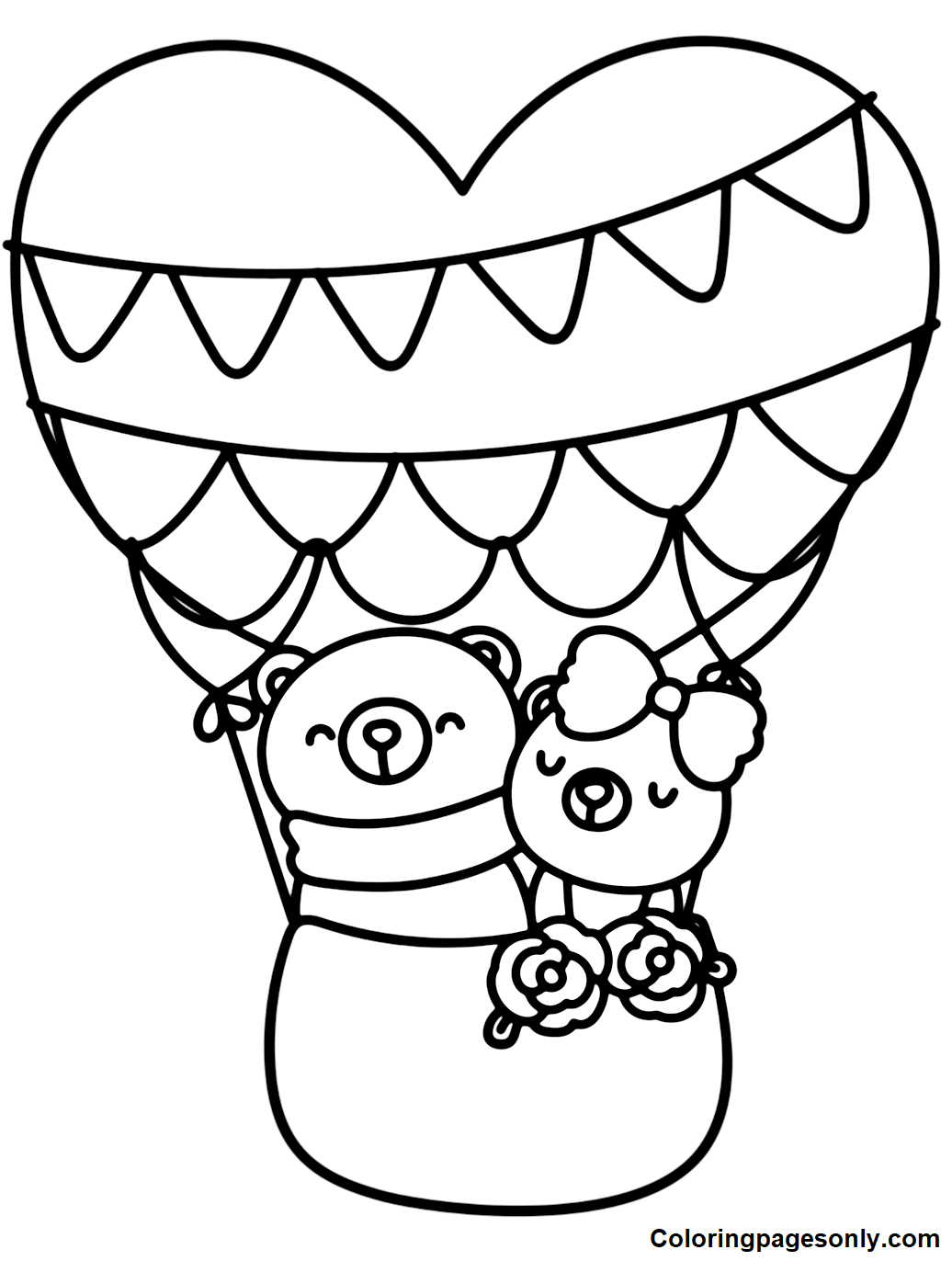 Two Bear in Heart Hot Air Balloon Coloring Pages