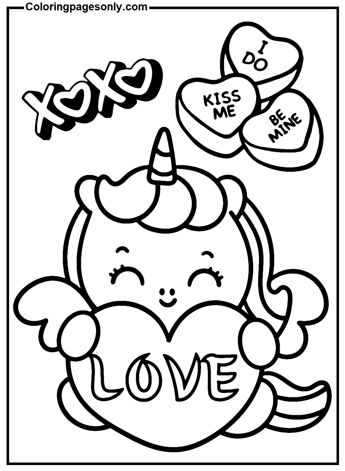 Unicorn With Heart In Valentine's Day Coloring Pages