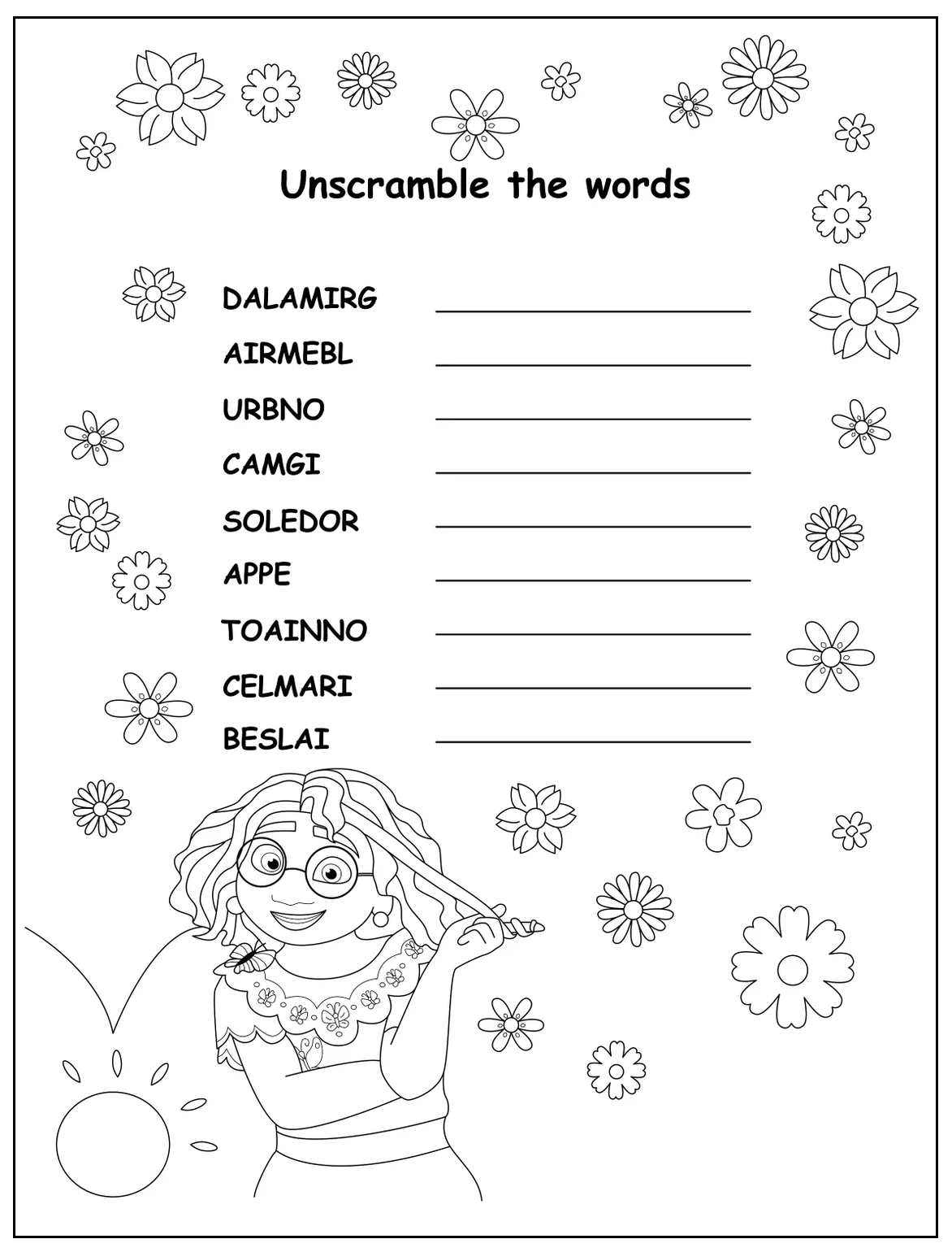 Unscramble The Words With Mirabel Coloring Pages