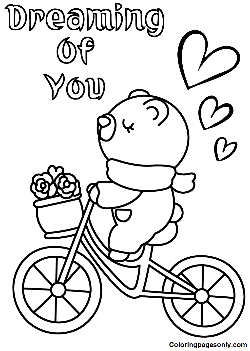 Valentines Bear with Bicycle Coloring Page