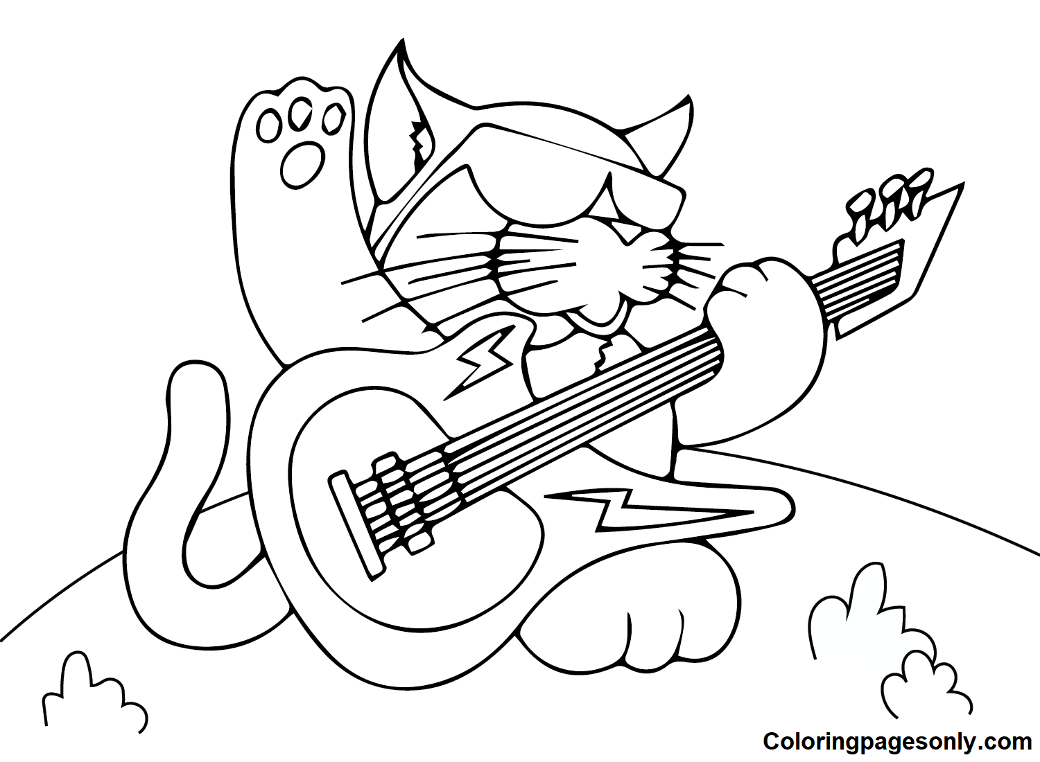 Cat with Bass Guitar Coloring Page