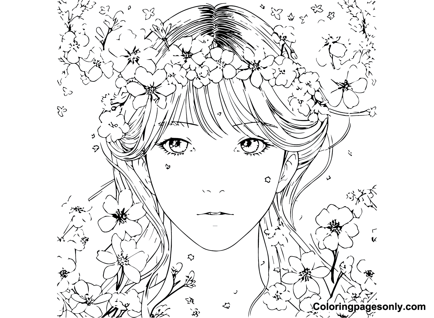 Cherry Blossom with Girl Coloring Page