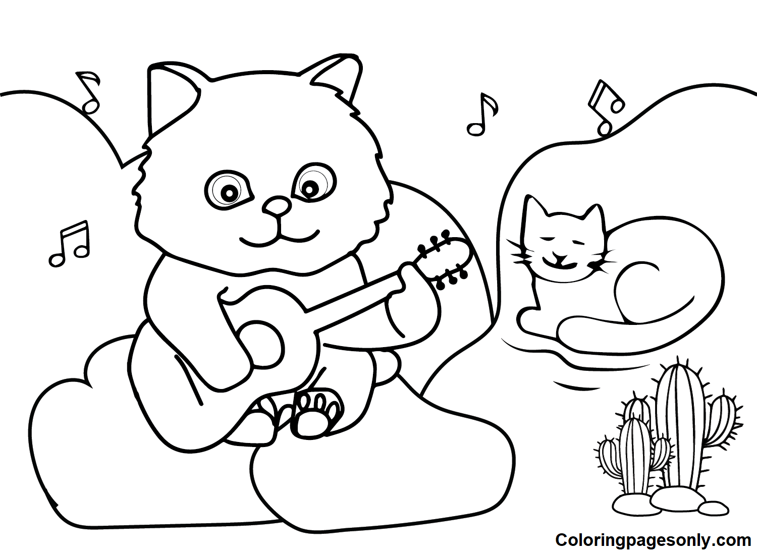 Cute Cat and Guitar Coloring Pages