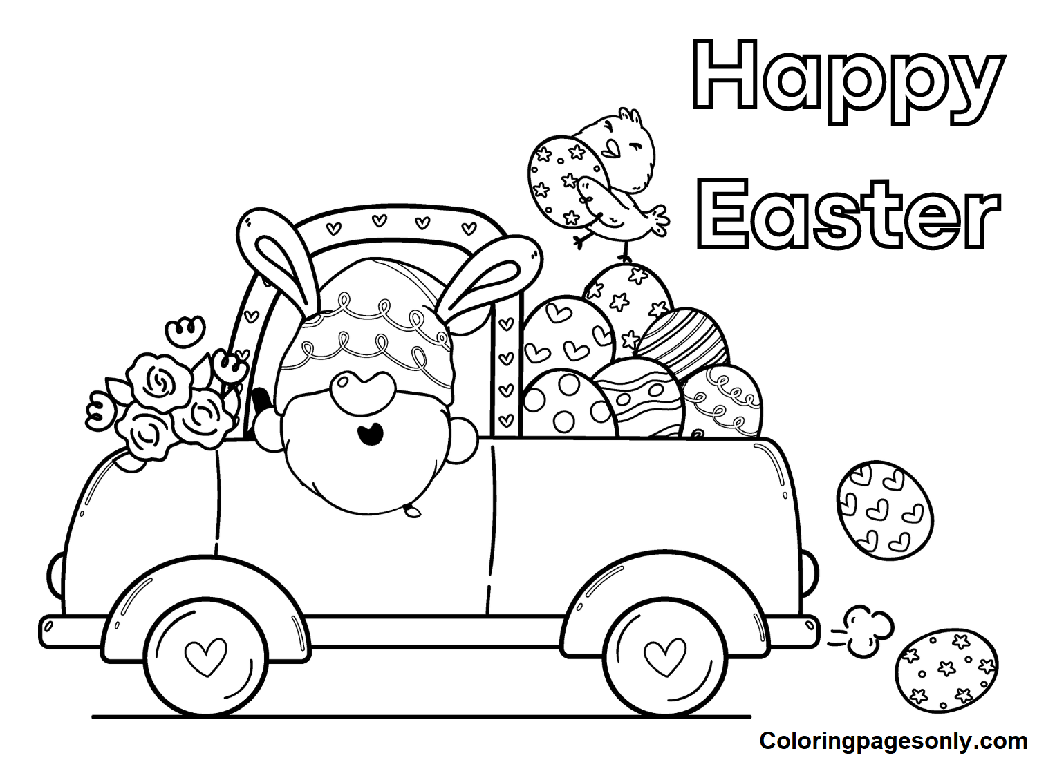 Easter Gnome in Truck Coloring Page